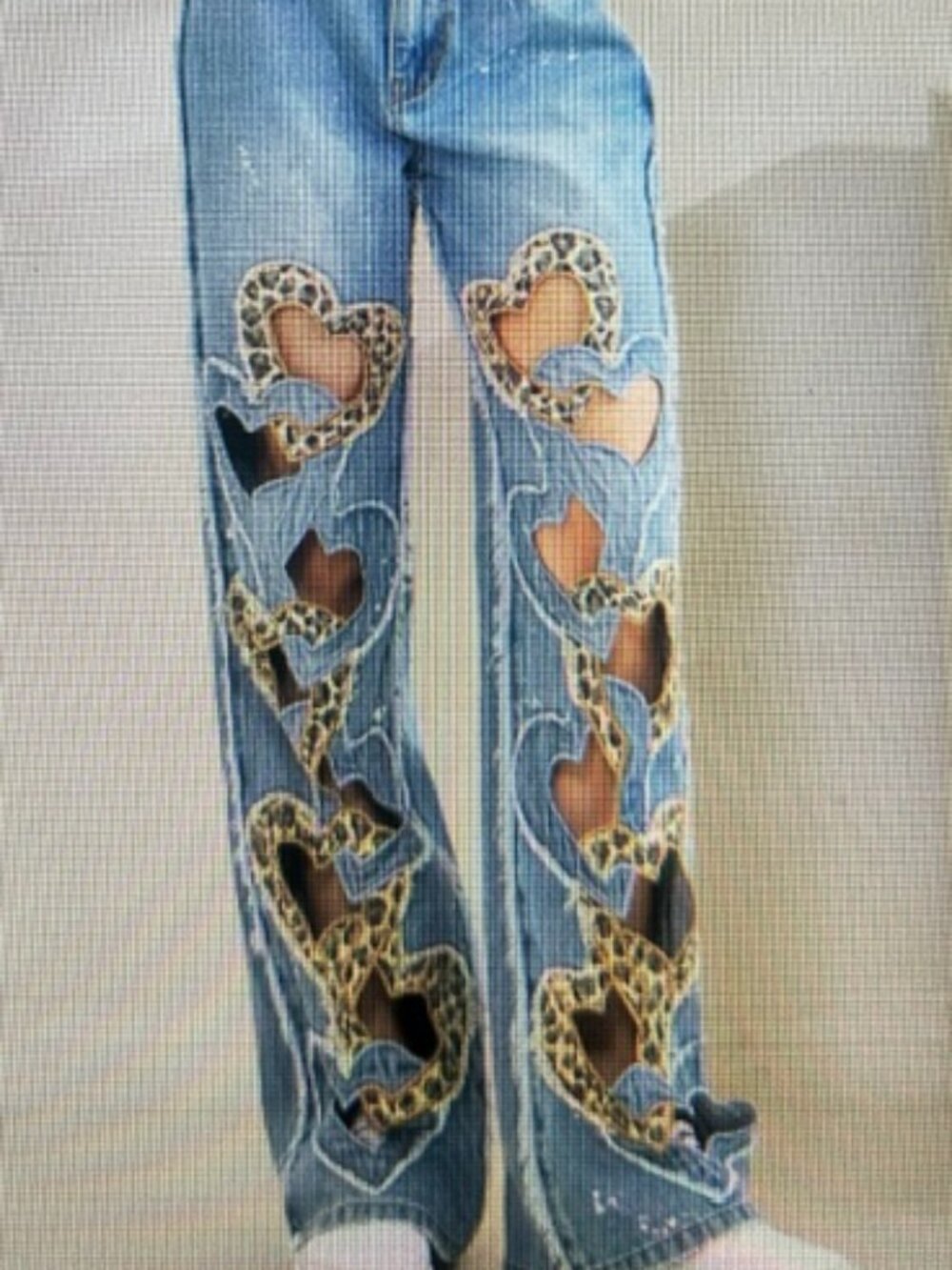 Oli & Hali Washed Heart Cutout Fray Multi-Layered Denim Leopard Print Jeans NEW